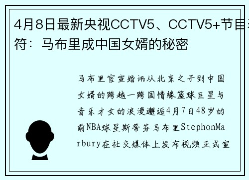 4月8日最新央视CCTV5、CCTV5+节目表符：马布里成中国女婿的秘密