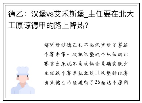 德乙：汉堡vs艾禾斯堡_主任要在北大王原谅德甲的路上降热？